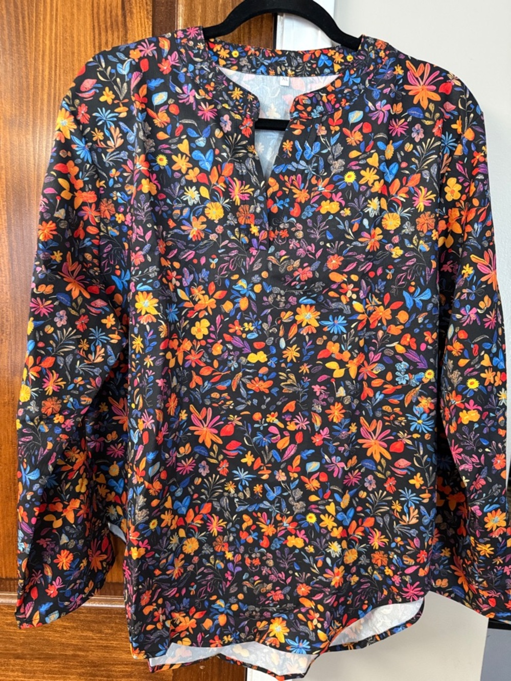 Floral Split-Neck Long Sleeve Top - Black Multicolor